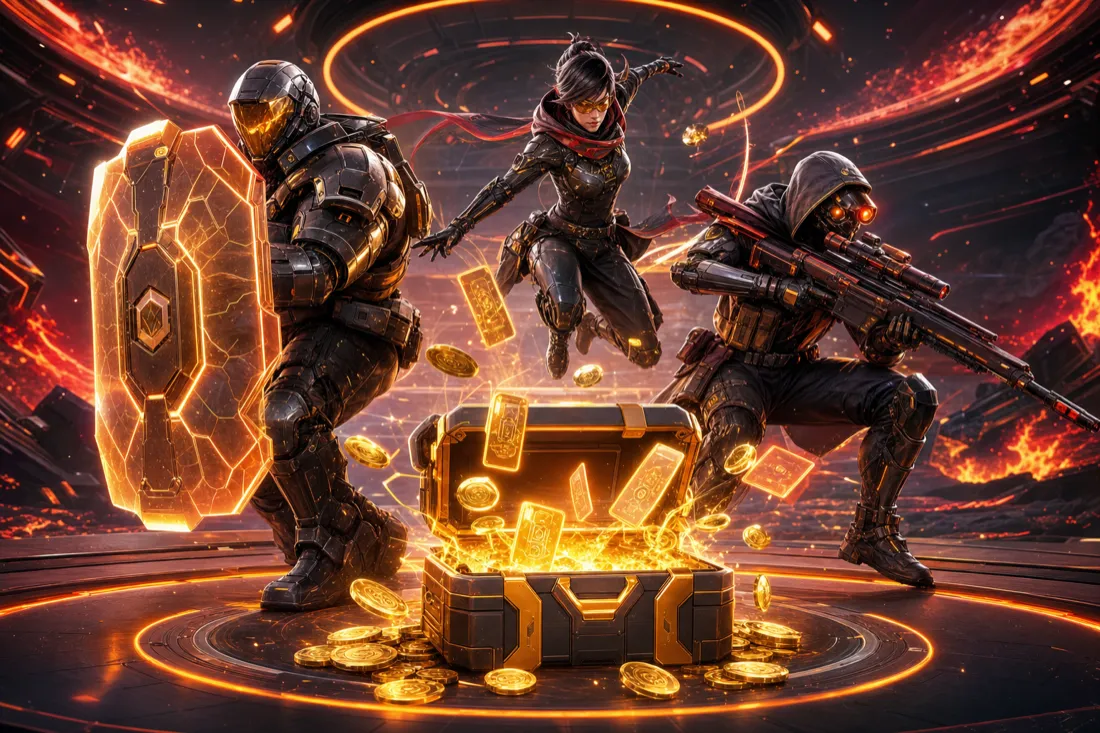 Original sci-fi battle-royale heroes opening a loot chest of gift-card rewards
